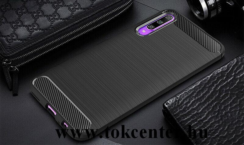 Honor 9X Szilikon telefonvédő (közepesen ütésálló, légpárnás sarok, szálcsiszolt, karbon minta) FEKETE