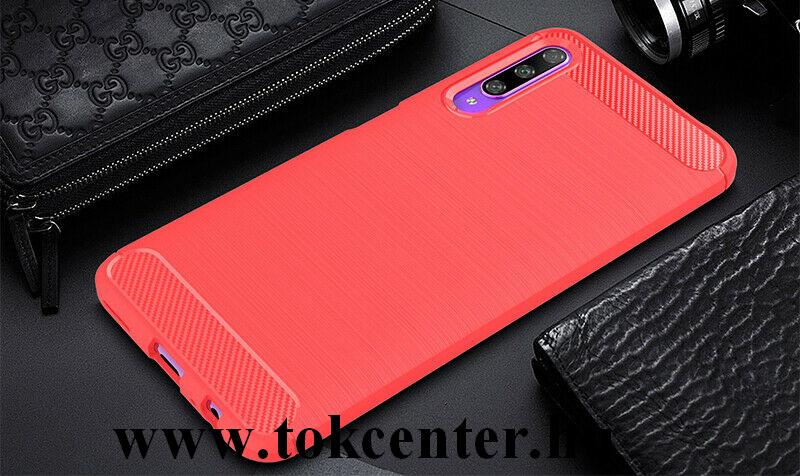 Honor 9X Szilikon telefonvédő (közepesen ütésálló, légpárnás sarok, szálcsiszolt, karbon minta) PIROS