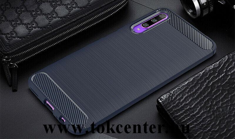 Honor 9X Szilikon telefonvédő (közepesen ütésálló, légpárnás sarok, szálcsiszolt, karbon minta) SÖTÉTKÉK