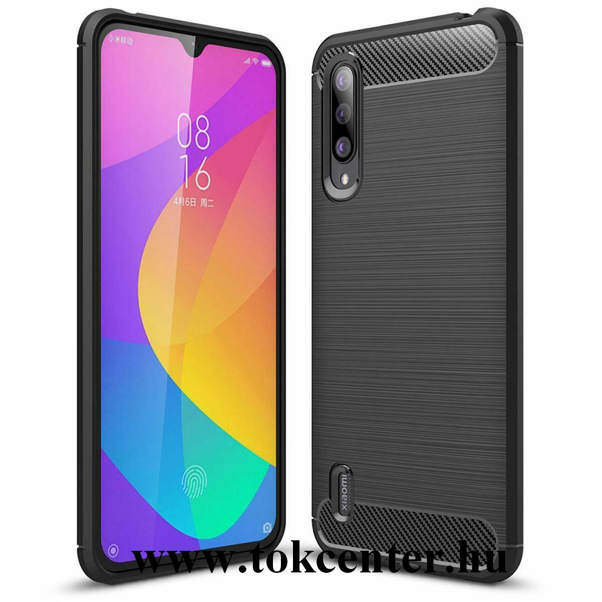 Xiaomi Mi A3 (Mi CC9e) Szilikon telefonvédő (közepesen ütésálló, légpárnás sarok, szálcsiszolt, karbon minta) FEKETE