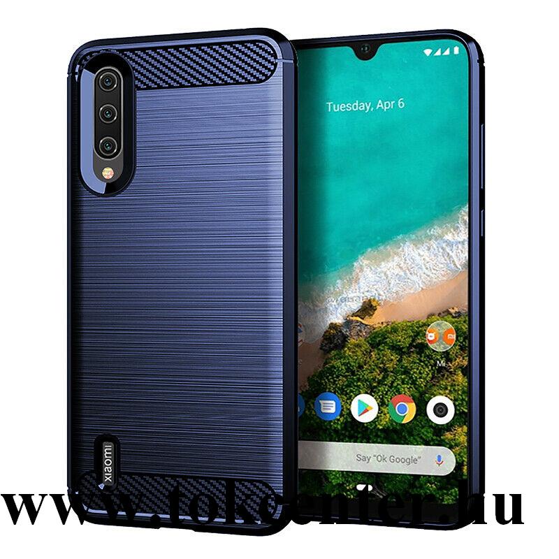 Xiaomi Mi A3 (Mi CC9e) Szilikon telefonvédő (közepesen ütésálló, légpárnás sarok, szálcsiszolt, karbon minta) SÖTÉTKÉK