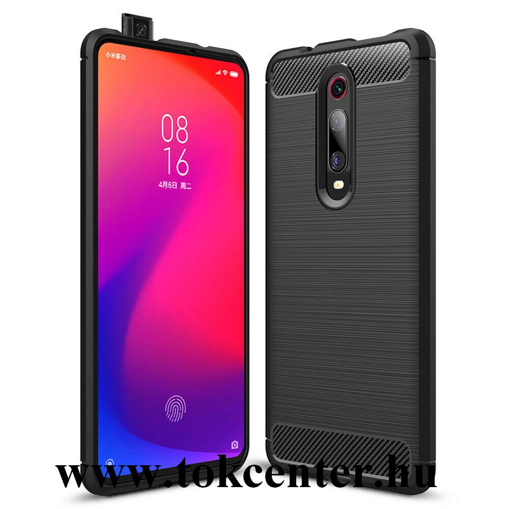 Xiaomi Mi 9T (Mi 9T Pro) Telefonvédő gumi / szilikon (közepesen ütésálló, légpárnás sarok, szálcsiszolt, karbonminta) FEKETE