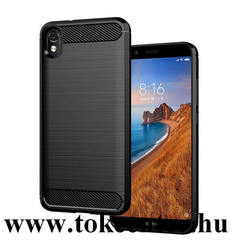 Xiaomi Redmi 7A Telefonvédő gumi / szilikon (közepesen ütésálló, légpárnás sarok, szálcsiszolt, karbonminta) FEKETE