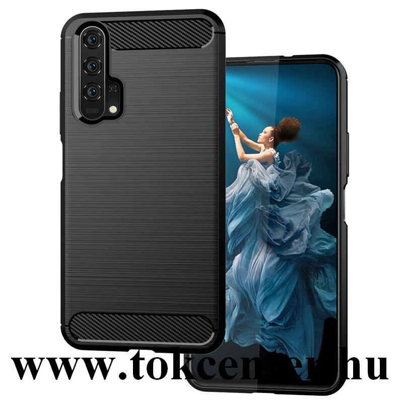 Honor 20 Pro Szilikon telefonvédő (közepesen ütésálló, légpárnás sarok, szálcsiszolt, karbon minta) FEKETE