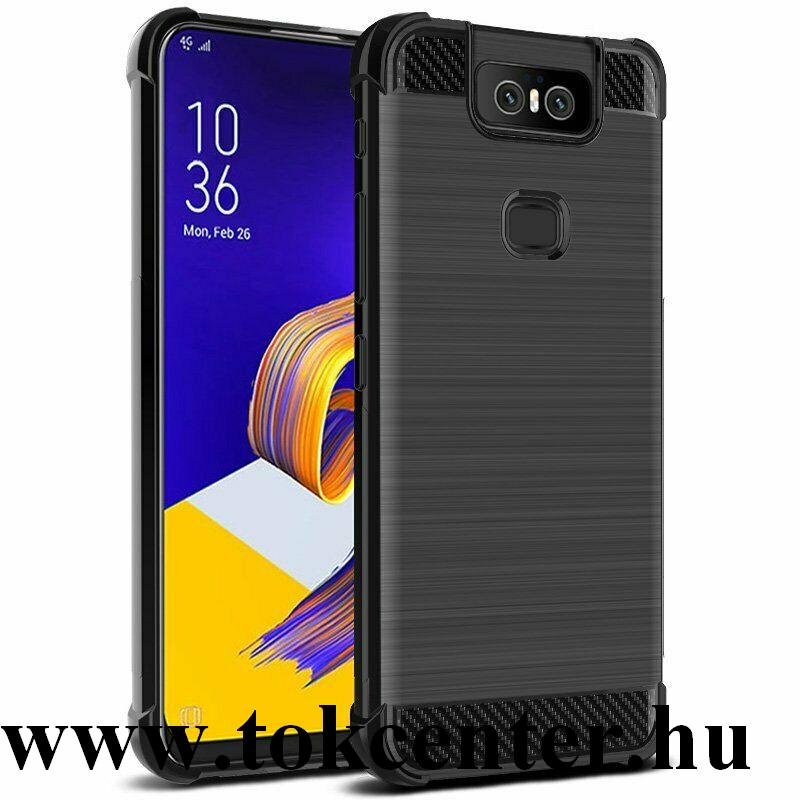 Asus Zenfone 6 (ZS630KL) IMAK VEGA telefonvédő gumi / szilikon (közepesen ütésálló, légpárnás sarok, szálcsiszolt, karbonminta) FEKETE