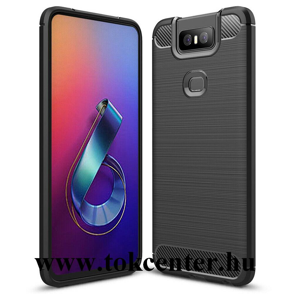 Asus Zenfone 6 (ZS630KL) Telefonvédő gumi / szilikon (közepesen ütésálló, légpárnás sarok, szálcsiszolt, karbonminta) FEKETE