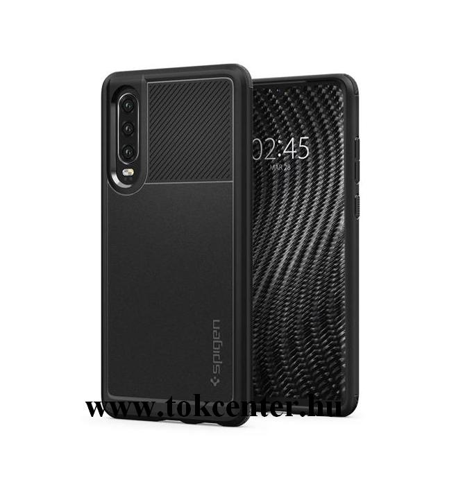 Huawei P30 SPIGEN RUGGED ARMOR szilikon telefonvédő (közepesen ütésálló, légpárnás sarok, karbon minta) FEKETE