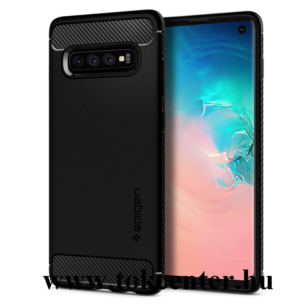 Samsung Galaxy S10 Plus (SM-G975) SPIGEN RUGGED ARMOR szilikon telefonvédő (közepesen ütésálló, légpárnás sarok, karbon minta) FEKETE