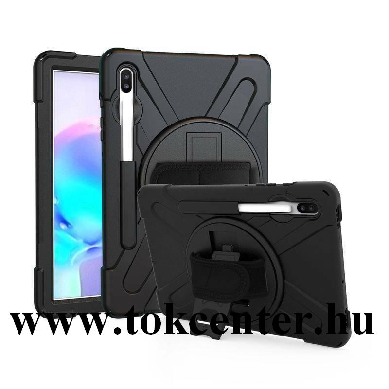 Samsung Galaxy Tab S6 10.5 LTE (SM-T865) /Samsung Galaxy Tab S6 10.5 WIFI (SM-T860) Műanyag telefonvédő (kézpánt, közepesen ütésálló, kitámasztó, 360°-ban forgatható) FEKETE