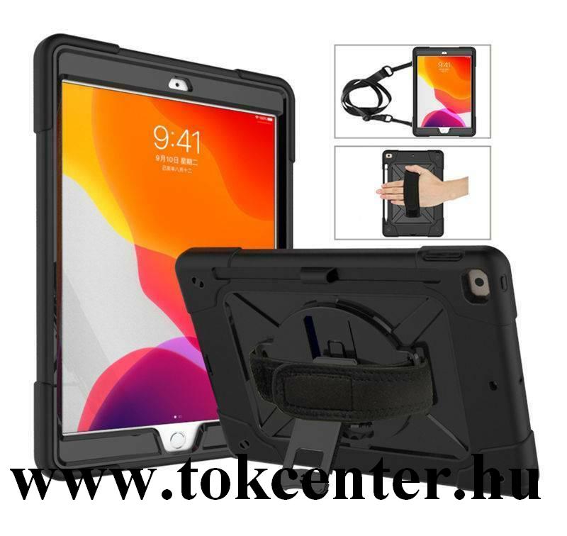 Apple IPAD 10.2 (2019) / Apple IPAD 10.2 (2020) Műanyag telefonvédő (közepesen ütésálló, kitámasztó, 360°-ban forgatható, vállra akasztható + kézpánt) FEKETE