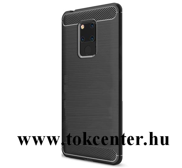 Huawei Mate 20X 5G Szilikon telefonvédő (közepesen ütésálló, légpárnás sarok, szálcsiszolt, karbonminta) FEKETE
