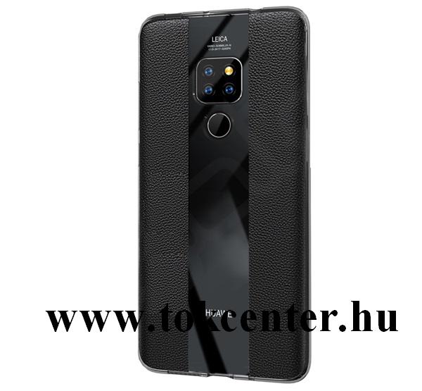 Huawei Mate 20X 5G Szilikon telefonvédő (valódi bőr bevonat, csíkos) FEKETE