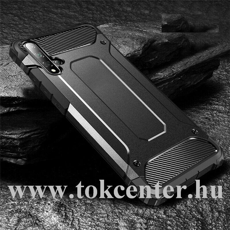 Honor 20 /Huawei Nova 5T Defender műanyag telefonvédő (közepesen ütésálló, légpárnás sarok, gumi / szilikon belső, fémhatás) FEKETE