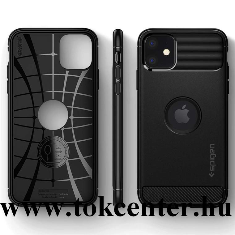 Apple iPhone 11 SPIGEN RUGGED ARMOR szilikon telefonvédő (közepesen ütésálló, légpárnás sarok, karbon minta, logo kivágás) FEKETE
