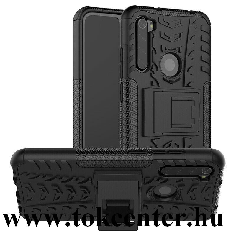 Xiaomi Redmi Note 8 Defender műanyag telefonvédő (közepesen ütésálló, szilikon belső, kitámasztó, autógumi minta) FEKETE