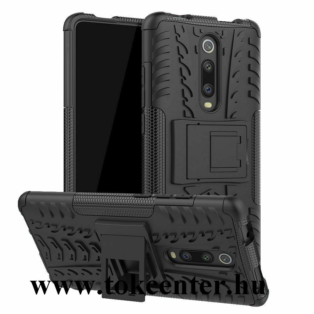 Xiaomi Mi 9T (Mi 9T Pro) Defender műanyag telefonvédő (közepesen ütésálló, gumi / szilikon belső, kitámasztó, autógumi minta) FEKETE
