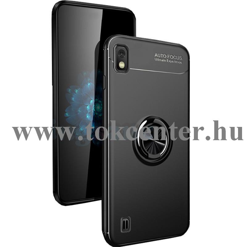 Samsung Galaxy A10 (SM-A105F) Telefonvédő gumi / szilikon (asztali tartó funkció, telefontartó gyűrű, 360°-ban forgatható, beépített fémlemez) FEKETE