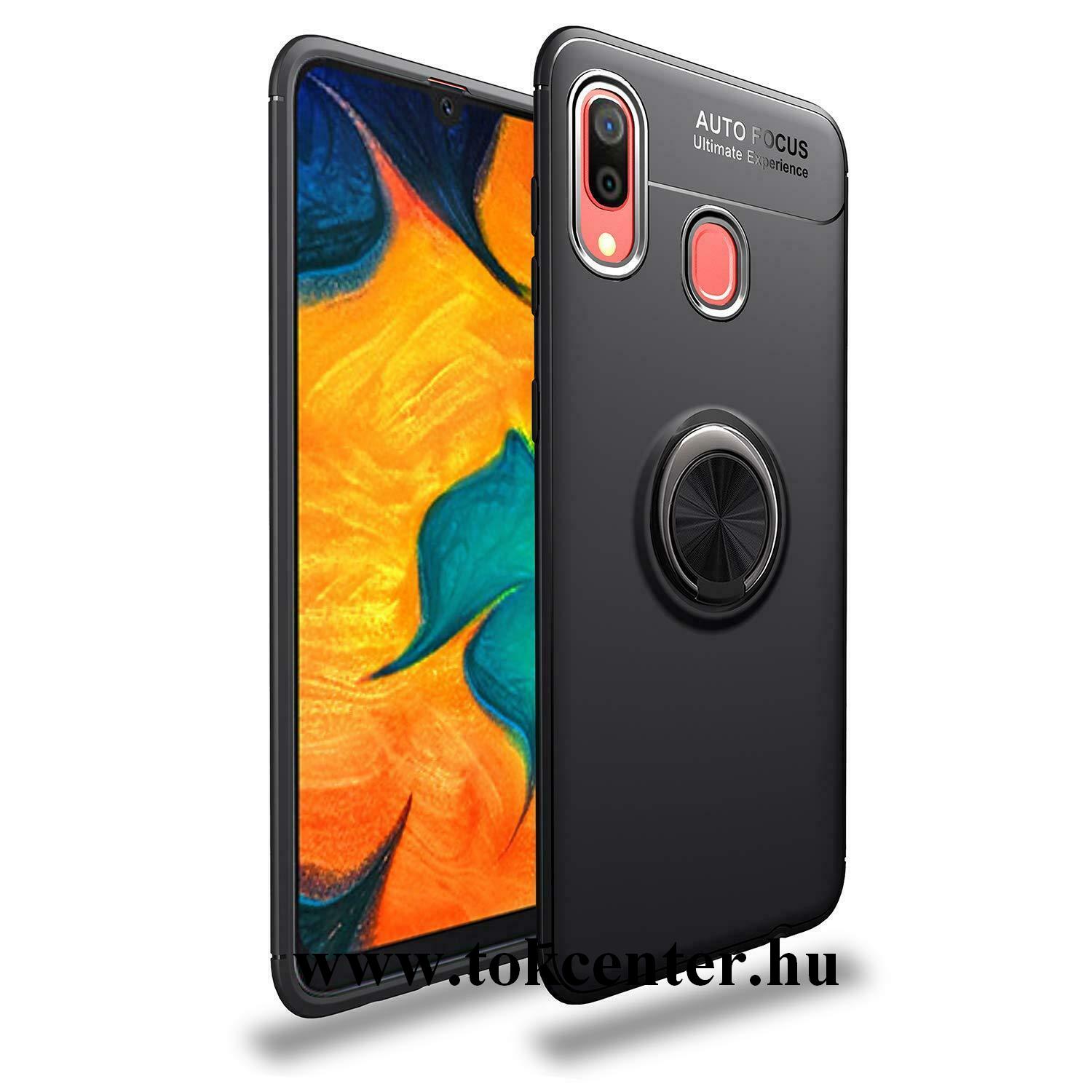 Samsung Galaxy A20e (SM-A202F) Telefonvédő gumi / szilikon (asztali tartó funkció, telefontartó gyűrű, 360°-ban forgatható, beépített fémlemez) FEKETE