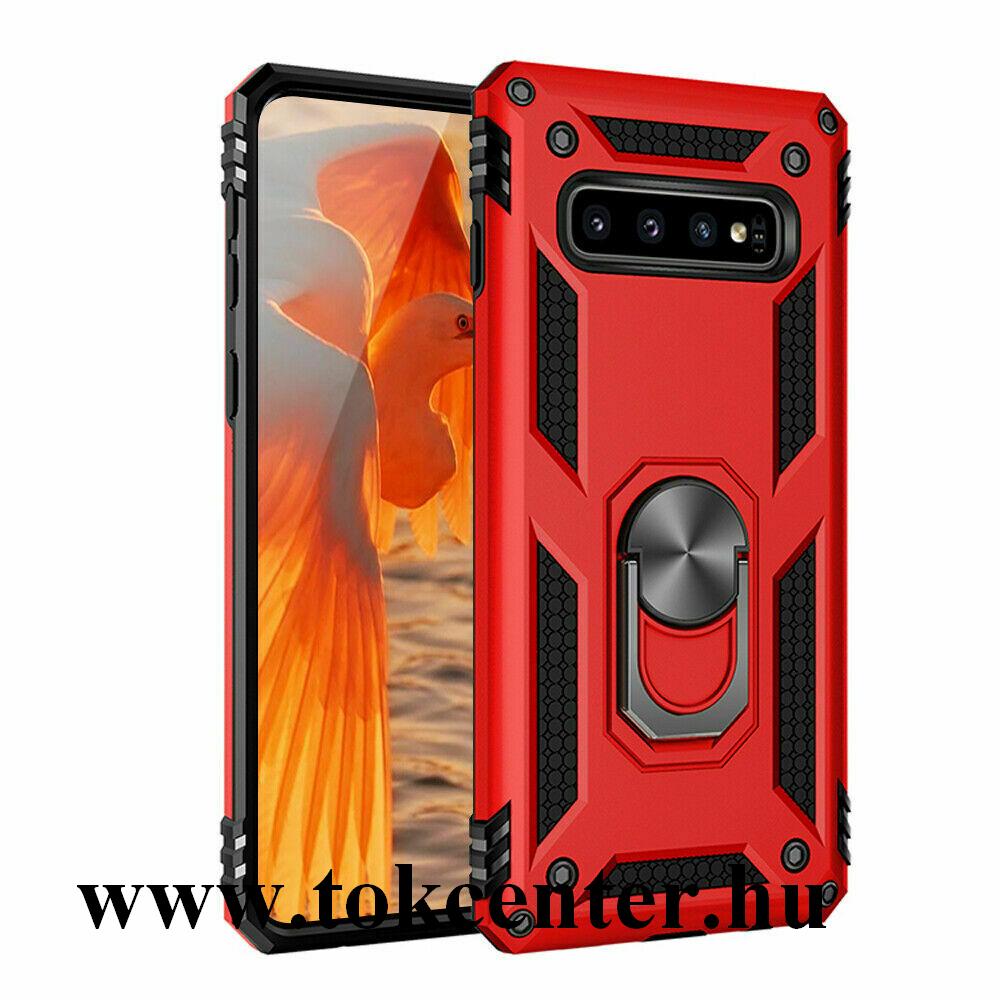 Samsung Galaxy S10 (SM-G973) Defender műanyag telefonvédő (közepesen ütésálló, szilikon belső, telefontartó gyűrű, beépített fémlemez) PIROS