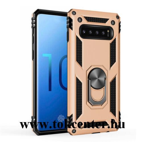 Samsung Galaxy S10e (SM-G970) Defender műanyag telefonvédő (közepesen ütésálló, szilikon belső, telefontartó gyűrű, beépített fémlemez) ARANY