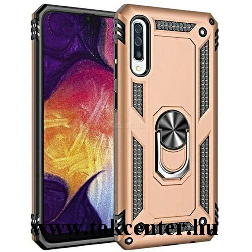 Samsung Galaxy A70 (SM-A705F) Defender műanyag telefonvédő (közepesen ütésálló, szilikon belső, telefontartó gyűrű, beépített fémlemez) ARANY