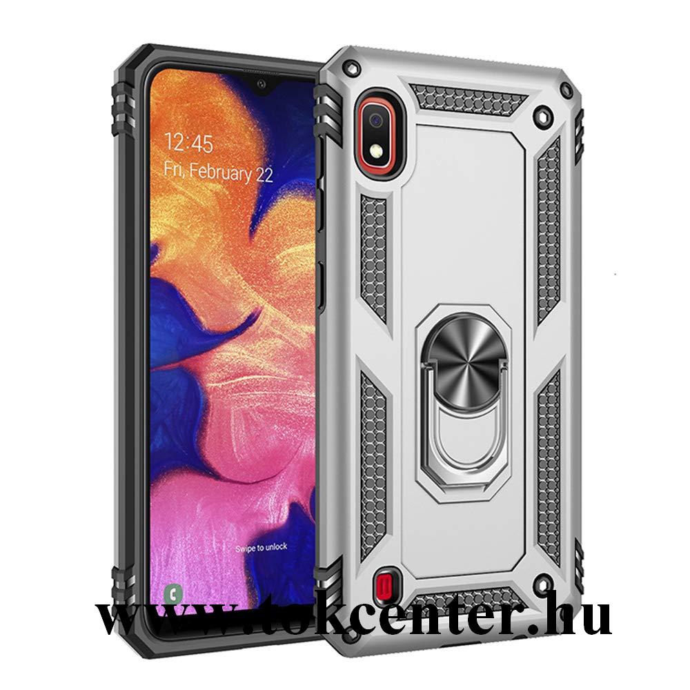 Samsung Galaxy A10 (SM-A105F) Defender műanyag telefonvédő (közepesen ütésálló, szilikon belső, telefontartó gyűrű, beépített fémlemez) EZÜST