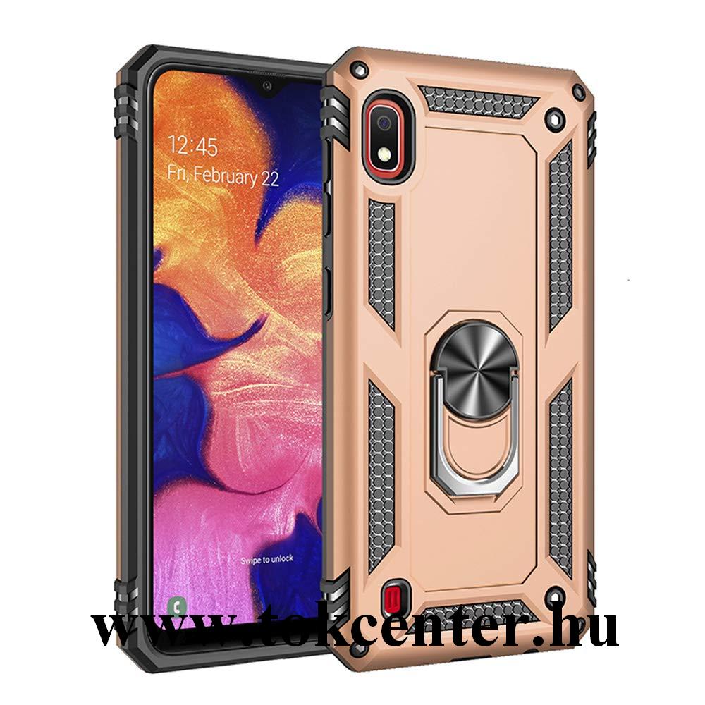 Samsung Galaxy A10 (SM-A105F) Defender műanyag telefonvédő (közepesen ütésálló, szilikon belső, telefontartó gyűrű, beépített fémlemez) ARANY