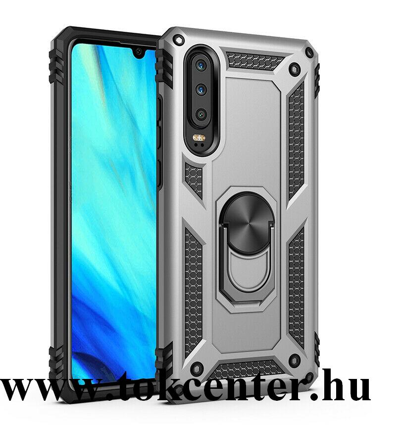 Huawei P30 Defender műanyag telefonvédő (közepesen ütésálló, szilikon belső, telefontartó gyűrű, beépített fémlemez) EZÜST