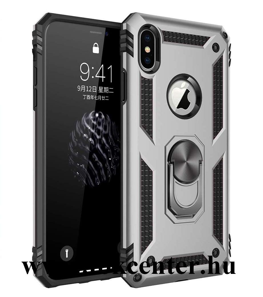 Apple iPhone X 5.8 /Apple iPhone XS 5.8 Defender műanyag telefonvédő (közepesen ütésálló, szilikon belső, telefontartó gyűrű, beépített fémlemez) EZÜST