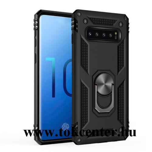 Samsung Galaxy S10e (SM-G970) Defender műanyag telefonvédő (közepesen ütésálló, gumi / szilikon belső, telefontartó gyűrű, beépített fémlemez) FEKETE