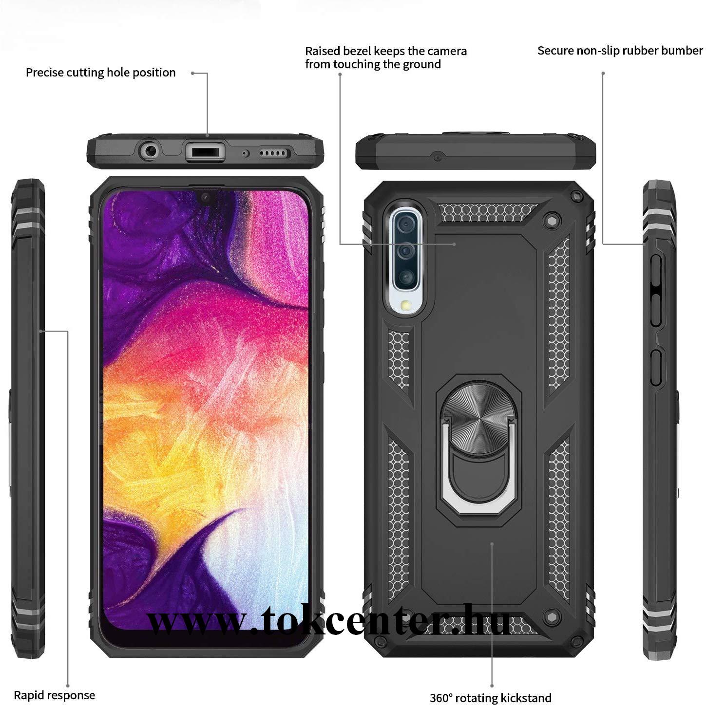 Samsung Galaxy A70 (SM-A705F) Defender műanyag telefonvédő (közepesen ütésálló, gumi / szilikon belső, telefontartó gyűrű, beépített fémlemez) FEKETE