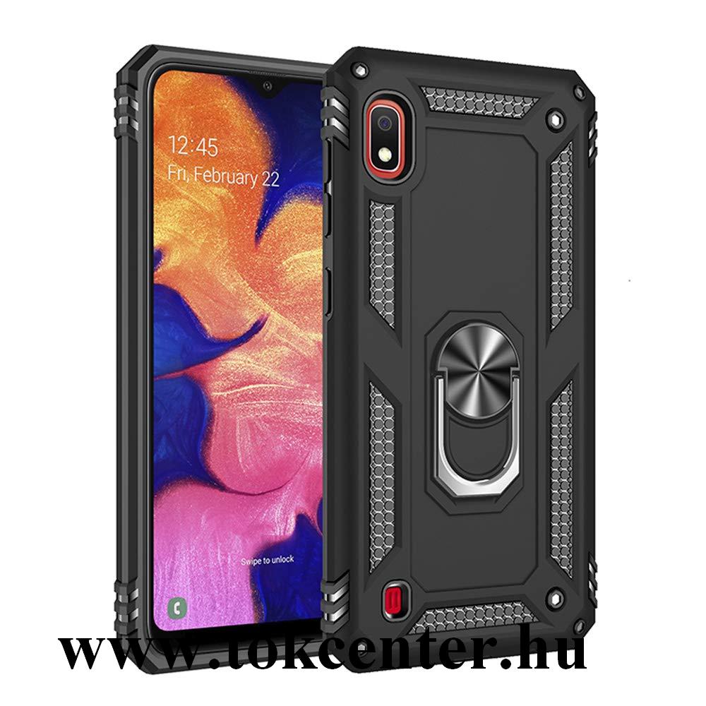 Samsung Galaxy A10 (SM-A105F) Defender műanyag telefonvédő (közepesen ütésálló, gumi / szilikon belső, telefontartó gyűrű, beépített fémlemez) FEKETE