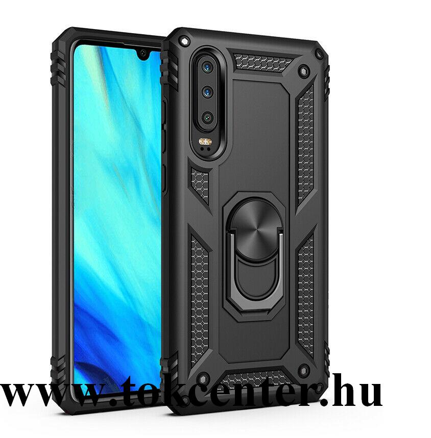 Huawei P30 Defender műanyag telefonvédő (közepesen ütésálló, gumi / szilikon belső, telefontartó gyűrű, beépített fémlemez) FEKETE