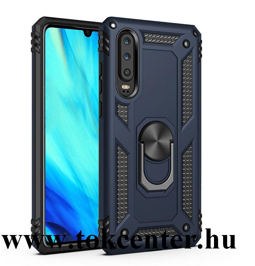 Huawei P30 Defender műanyag telefonvédő (közepesen ütésálló, szilikon belső, telefontartó gyűrű, beépített fémlemez) KÉK