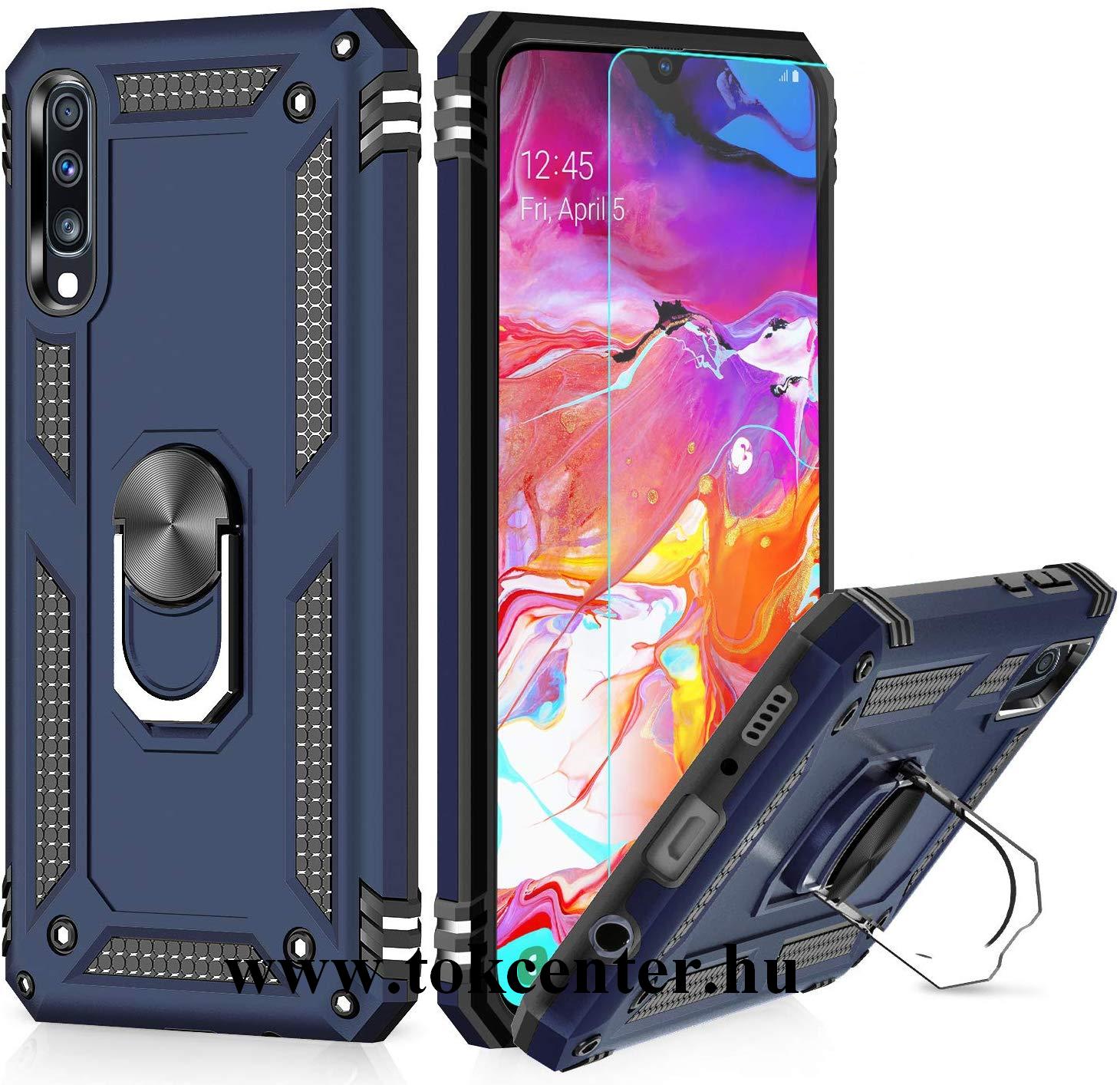 Samsung Galaxy A70 (SM-A705F) Defender műanyag telefonvédő (közepesen ütésálló, szilikon belső, telefontartó gyűrű, beépített fémlemez) KÉK