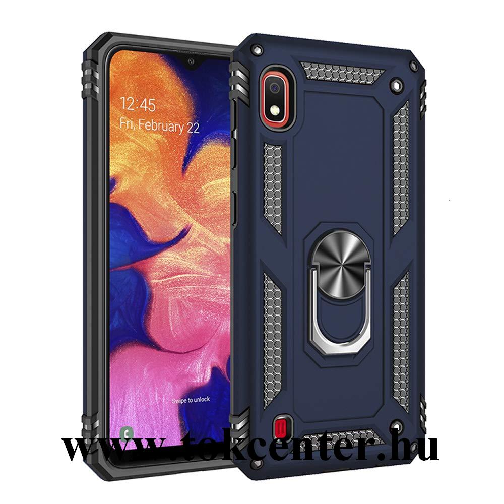 Samsung Galaxy A10 (SM-A105F) Defender műanyag telefonvédő (közepesen ütésálló, szilikon belső, telefontartó gyűrű, beépített fémlemez) KÉK