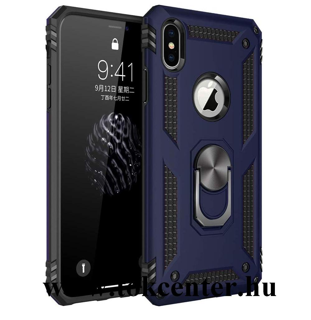 Apple iPhone X 5.8 /Apple iPhone XS 5.8 Defender műanyag telefonvédő (közepesen ütésálló, szilikon belső, telefontartó gyűrű, beépített fémlemez) KÉK