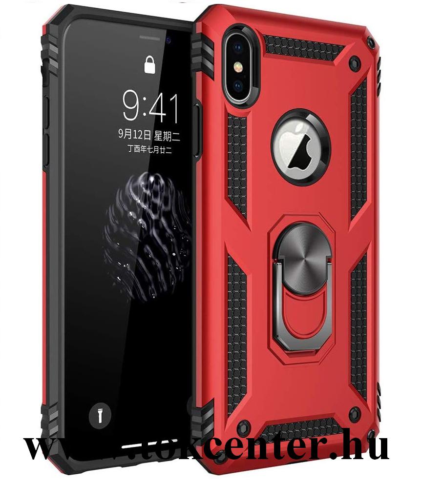 Apple iPhone X 5.8 /Apple iPhone XS 5.8 Defender műanyag telefonvédő (közepesen ütésálló, szilikon belső, telefontartó gyűrű, beépített fémlemez) PIROS
