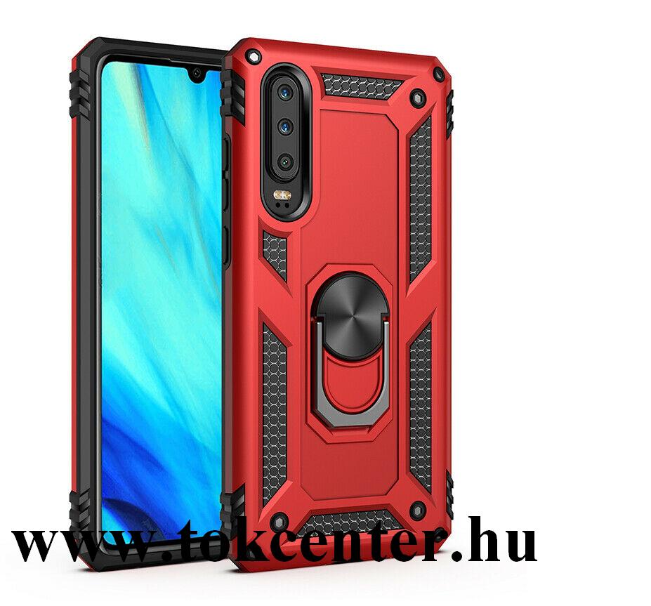 Huawei P30 Defender műanyag telefonvédő (közepesen ütésálló, szilikon belső, telefontartó gyűrű, beépített fémlemez) PIROS