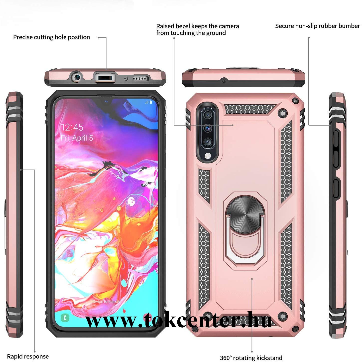 Samsung Galaxy A70 (SM-A705F) Defender műanyag telefonvédő (közepesen ütésálló, gumi/szilikon belső, telefontartó gyűrű, beépített fémlemez) ROZÉARANY