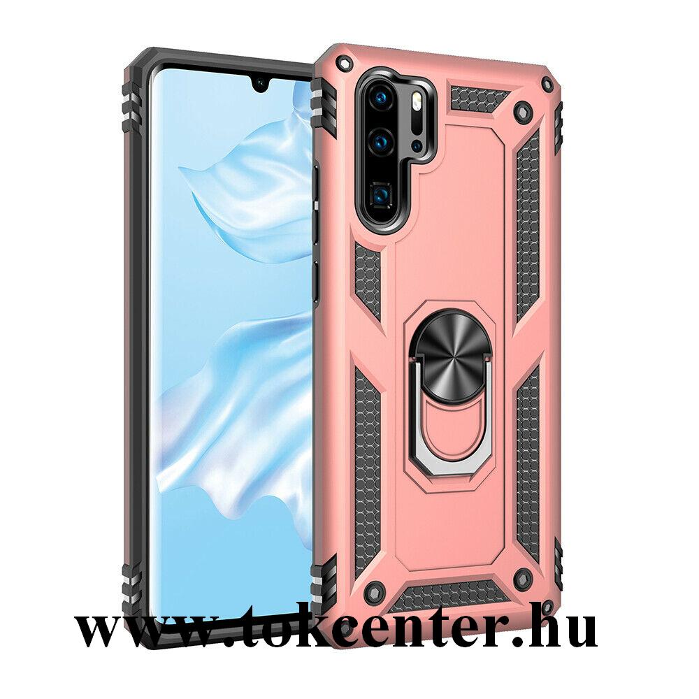 Huawei P30 Pro Defender műanyag telefonvédő (közepesen ütésálló, gumi/szilikon belső, telefontartó gyűrű, beépített fémlemez) ROZÉARANY