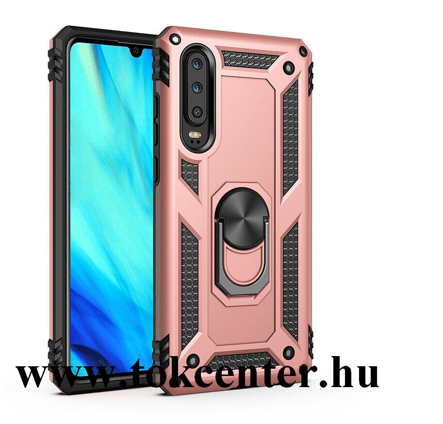 Huawei P30 Defender műanyag telefonvédő (közepesen ütésálló, gumi/szilikon belső, telefontartó gyűrű, beépített fémlemez) ROZÉARANY