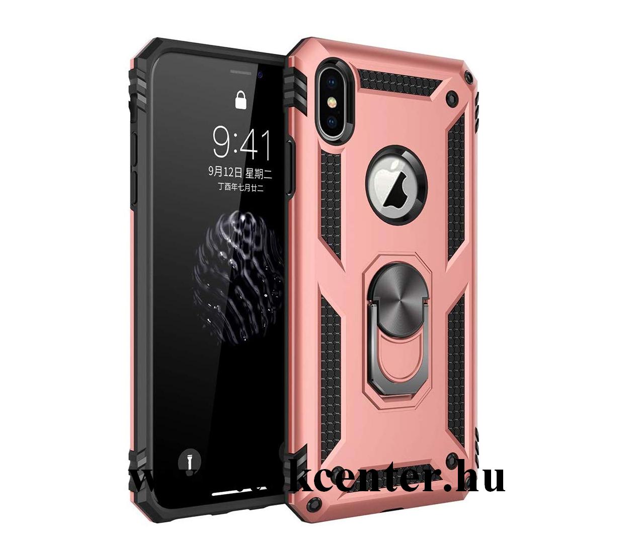 Apple iPhone X 5.8 /Apple iPhone XS 5.8 Defender műanyag telefonvédő (közepesen ütésálló, gumi/szilikon belső, telefontartó gyűrű, beépített fémlemez) ROZÉARANY