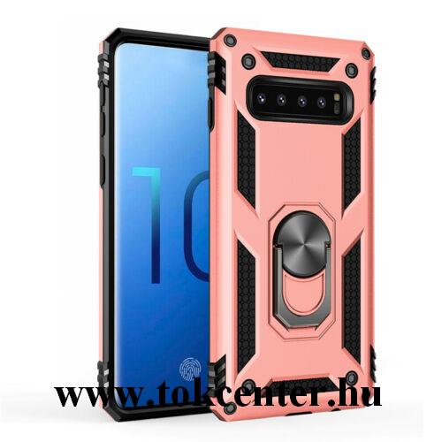 Samsung Galaxy S10 (SM-G973) Defender műanyag telefonvédő (közepesen ütésálló, gumi/szilikon belső, telefontartó gyűrű, beépített fémlemez) ROZÉARANY
