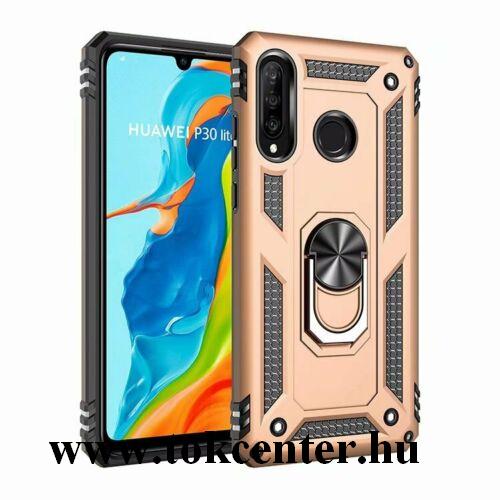 Huawei P30 Lite (Nova 4e) Defender műanyag telefonvédő (közepesen ütésálló, szilikon belső, telefontartó gyűrű, beépített fémlemez) ARANY