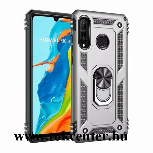 Huawei P30 Lite (Nova 4e) Defender műanyag telefonvédő (közepesen ütésálló, szilikon belső, telefontartó gyűrű, beépített fémlemez) EZÜST