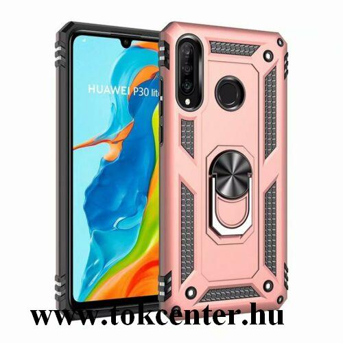 Huawei P30 Lite (Nova 4e) Defender műanyag telefonvédő (közepesen ütésálló, gumi/szilikon belső, telefontartó gyűrű, beépített fémlemez) ROZÉARANY