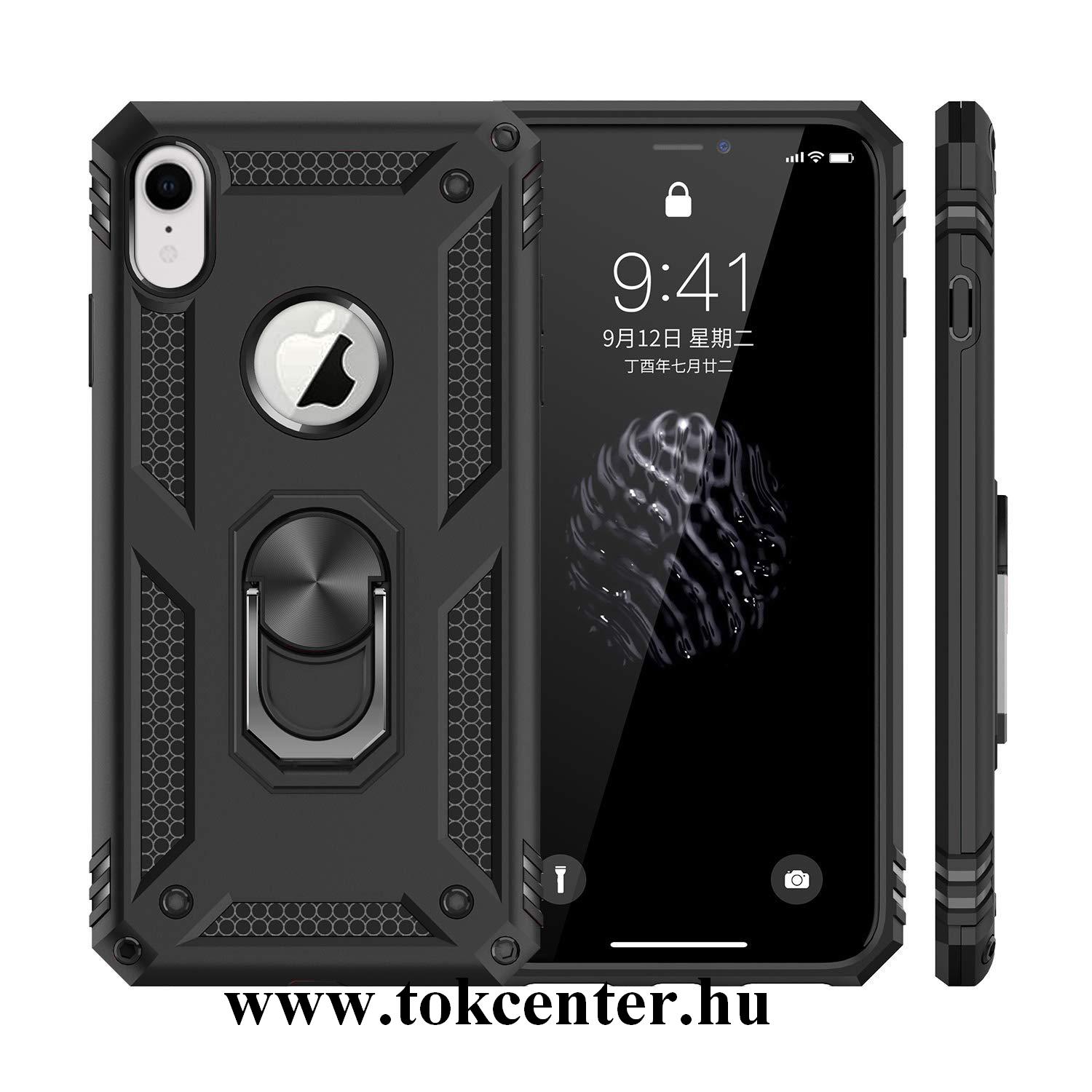Apple iPhone XR 6.1 Defender műanyag telefonvédő (közepesen ütésálló, szilikon belső, telefontartó gyűrű, fémlemez, logo kivágás) FEKETE