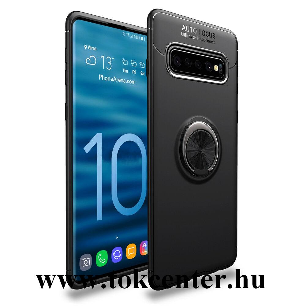 Samsung Galaxy S10e (SM-G970) Telefonvédő gumi / szilikon (asztali tartó funkció, telefontartó gyűrű, 360°-ban forgatható, beépített fémlemez) FEKETE