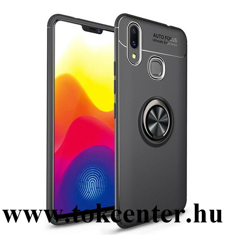 Samsung Galaxy A40 (SM-405F) Telefonvédő gumi / szilikon (asztali tartó funkció, telefontartó gyűrű, 360°-ban forgatható, beépített fémlemez) FEKETE